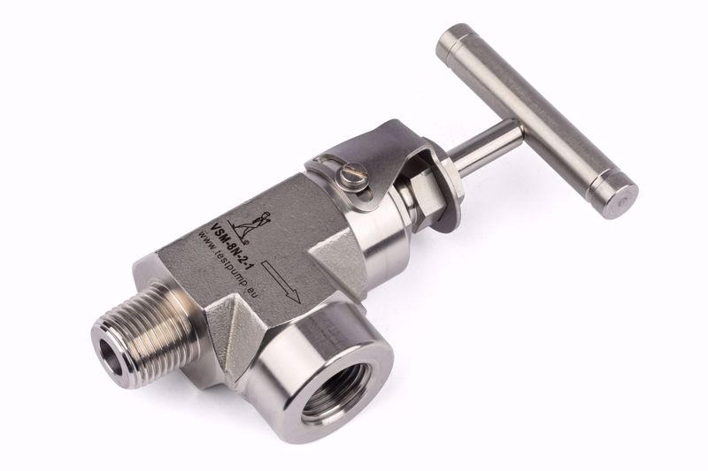 Afbeelding van 1/2" NPT Haakse Naald-afsluiter - male x female - met Safety Lock Plate